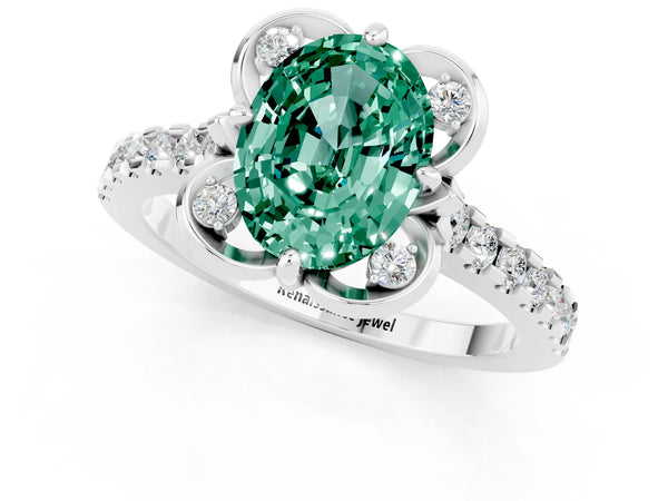 Platinum Oval Cut Green Sapphire Ring with Pavé Band and Floral Prong Setting