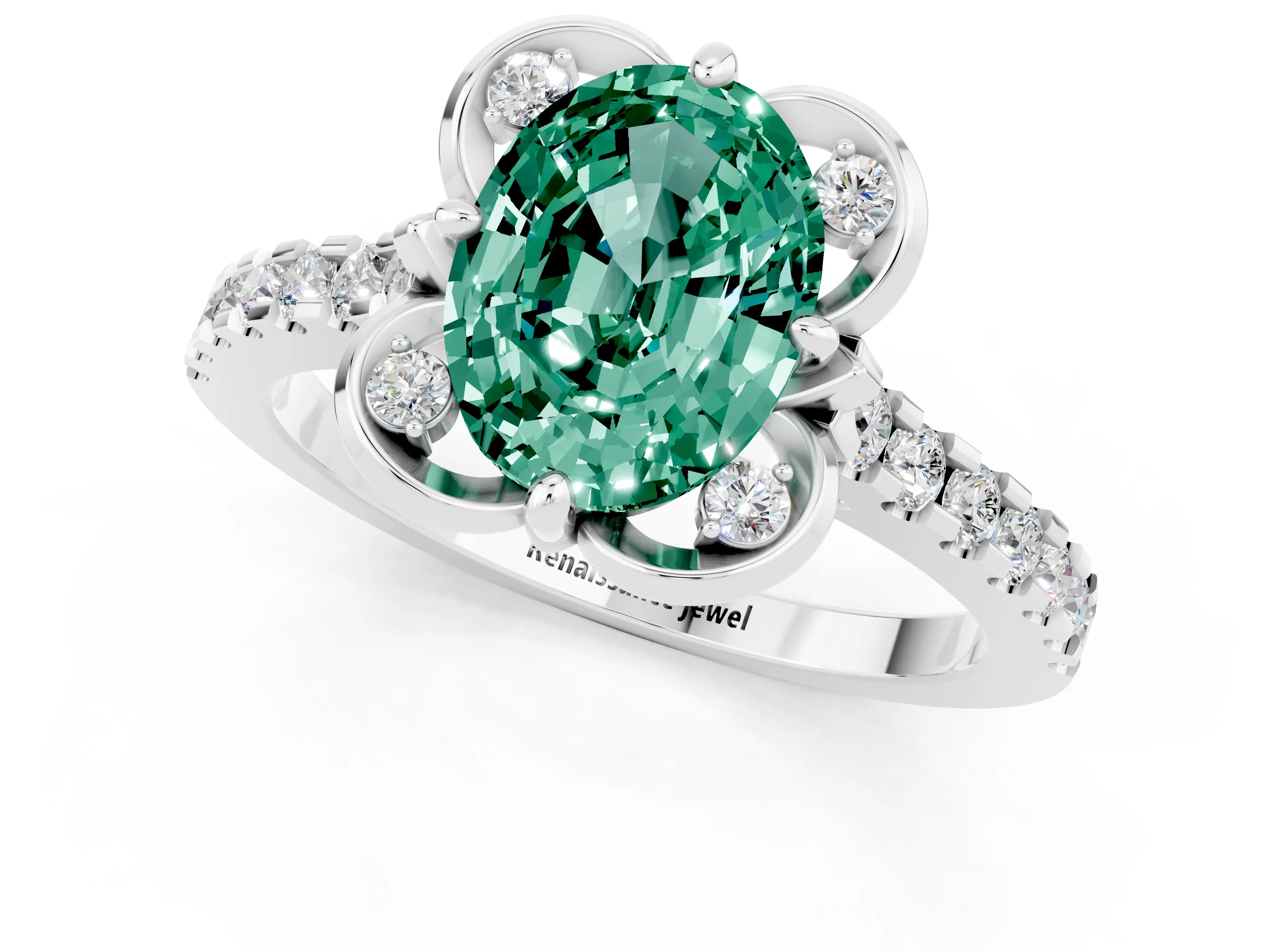White gold Oval Cut Green Sapphire Ring with Pavé Band and Floral Prong Setting_1