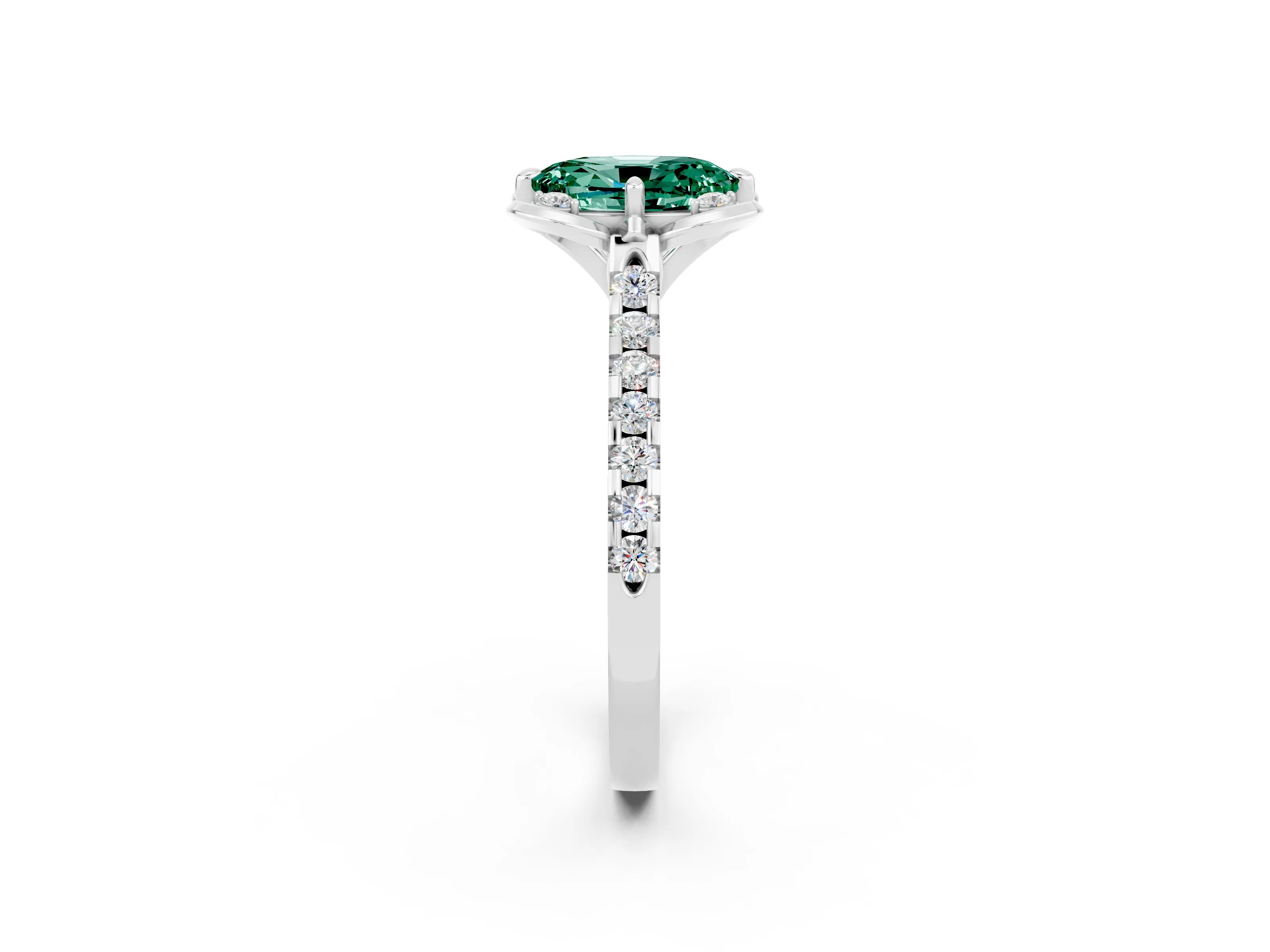 White gold Oval Cut Green Sapphire Ring with Pavé Band and Floral Prong Setting_2