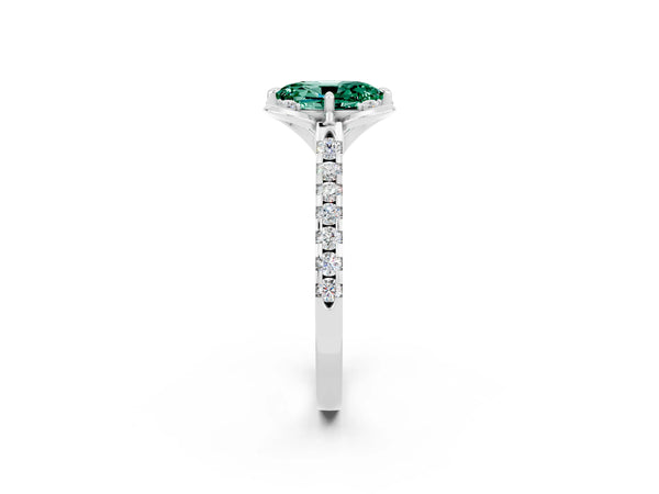 Silver Oval Cut Green Sapphire Ring with Pavé Band and Floral Prong Setting