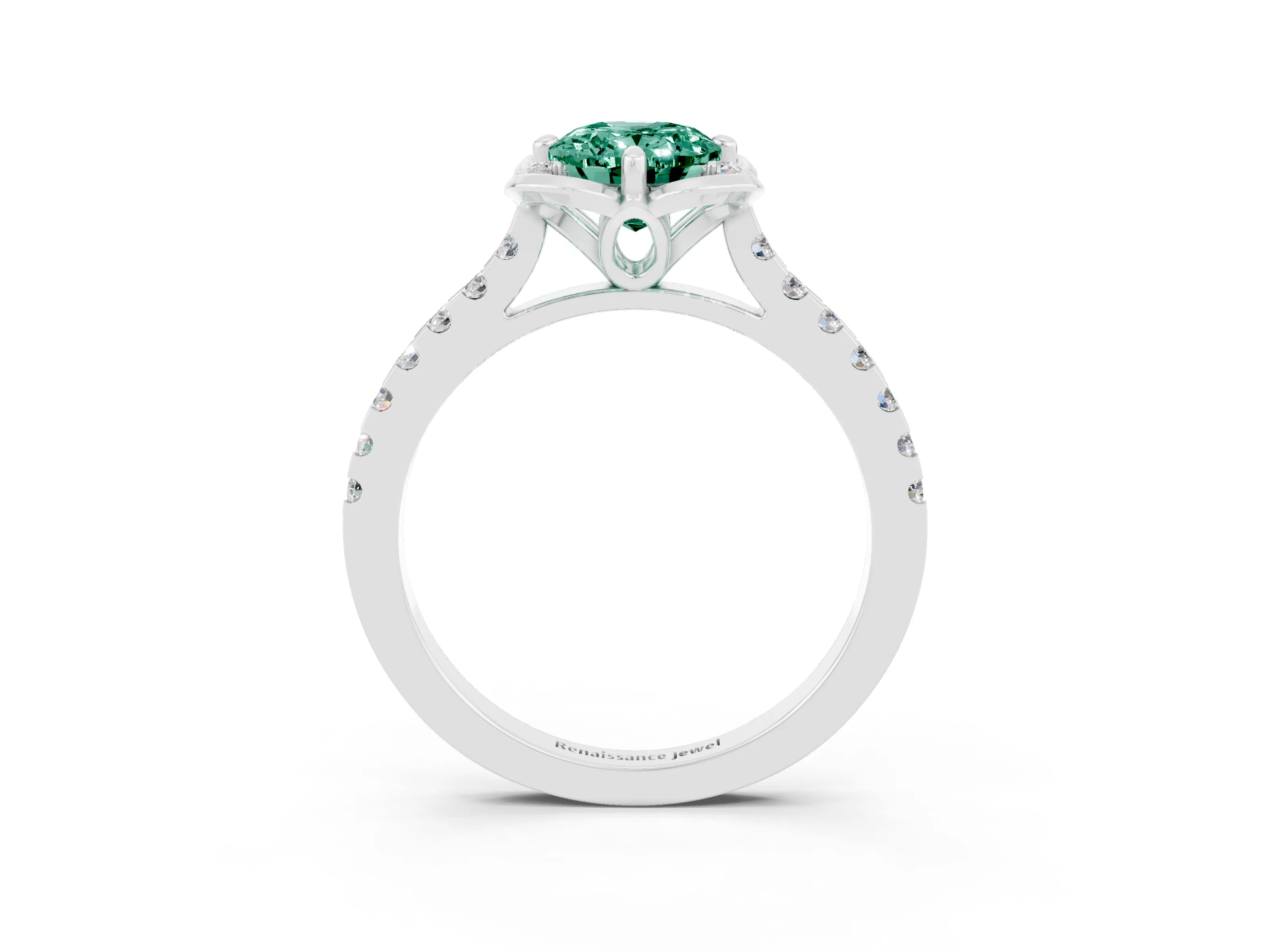 White gold Oval Cut Green Sapphire Ring with Pavé Band and Floral Prong Setting_3