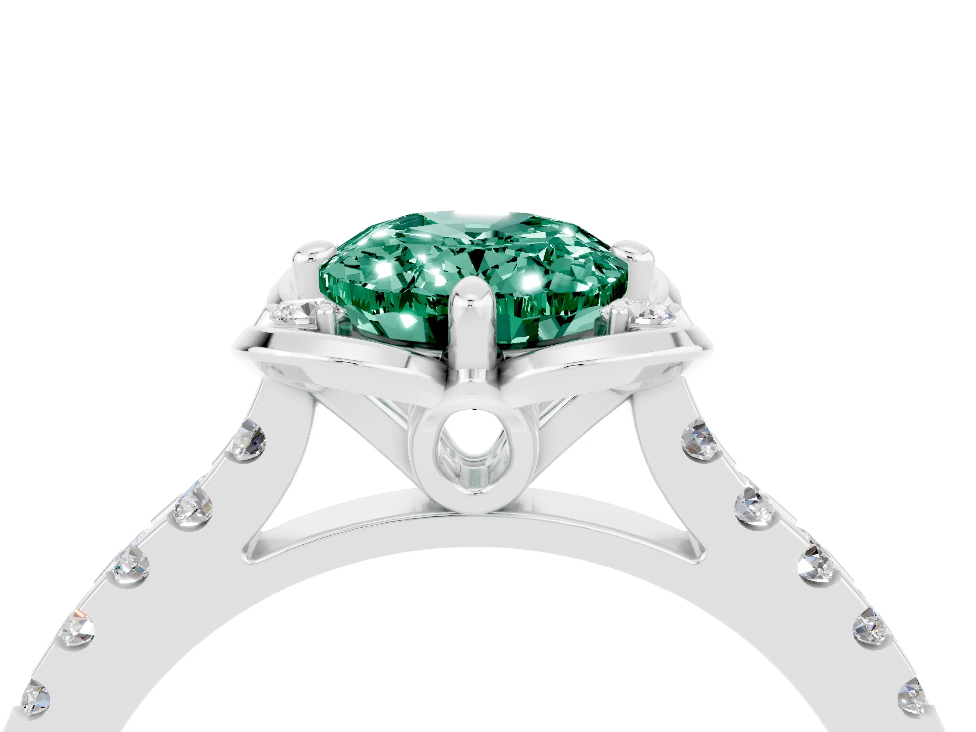 White gold Oval Cut Green Sapphire Ring with Pavé Band and Floral Prong Setting_4