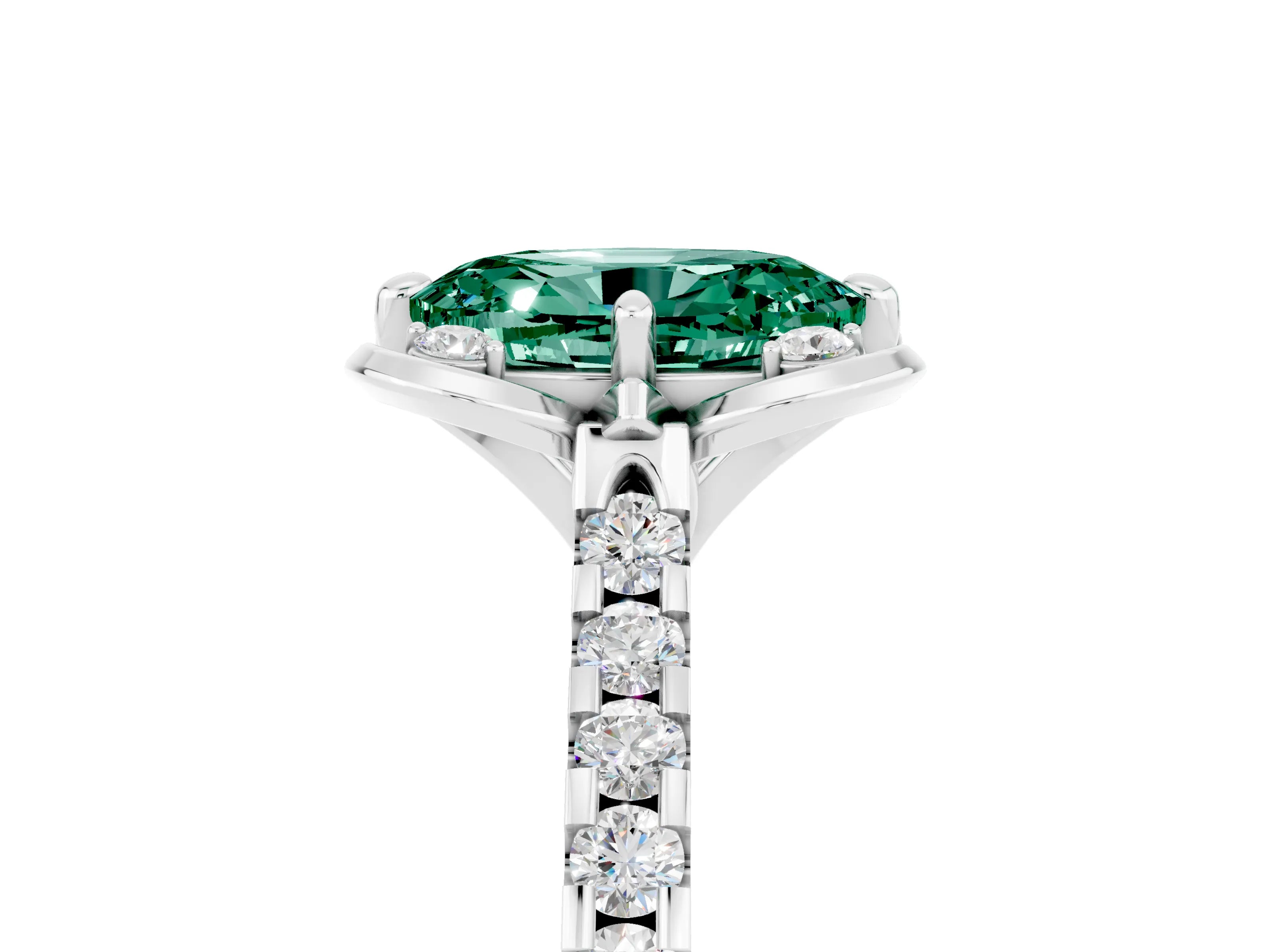 White gold Oval Cut Green Sapphire Ring with Pavé Band and Floral Prong Setting_5