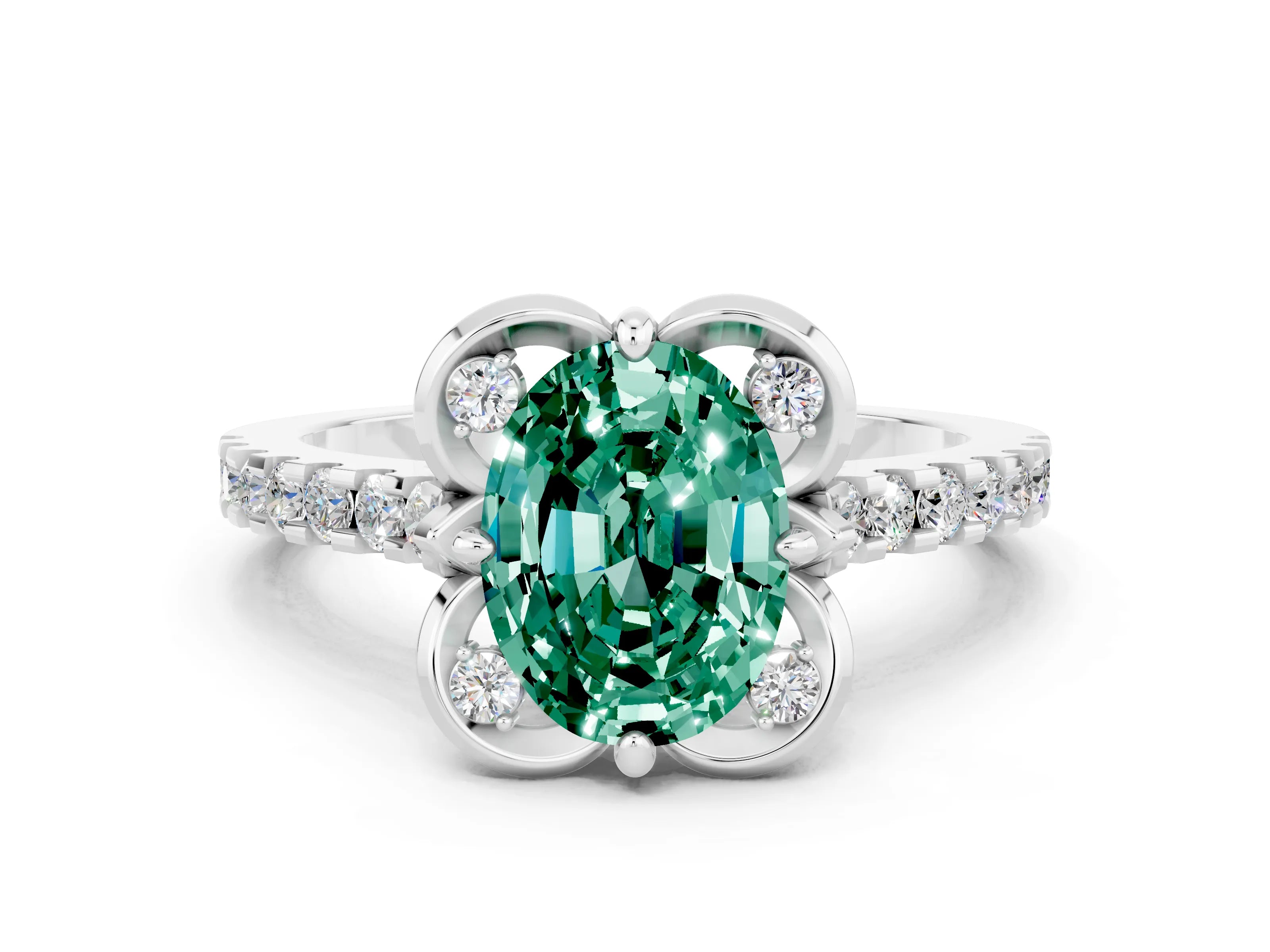 White gold Oval Cut Green Sapphire Ring with Pavé Band and Floral Prong Setting