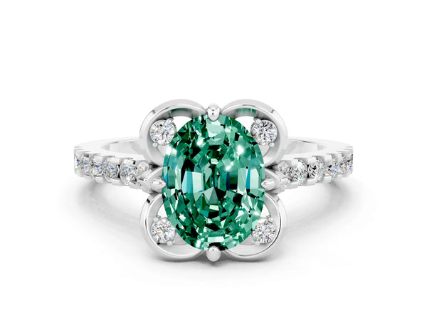 Silver Oval Cut Green Sapphire Ring with Pavé Band and Floral Prong Setting