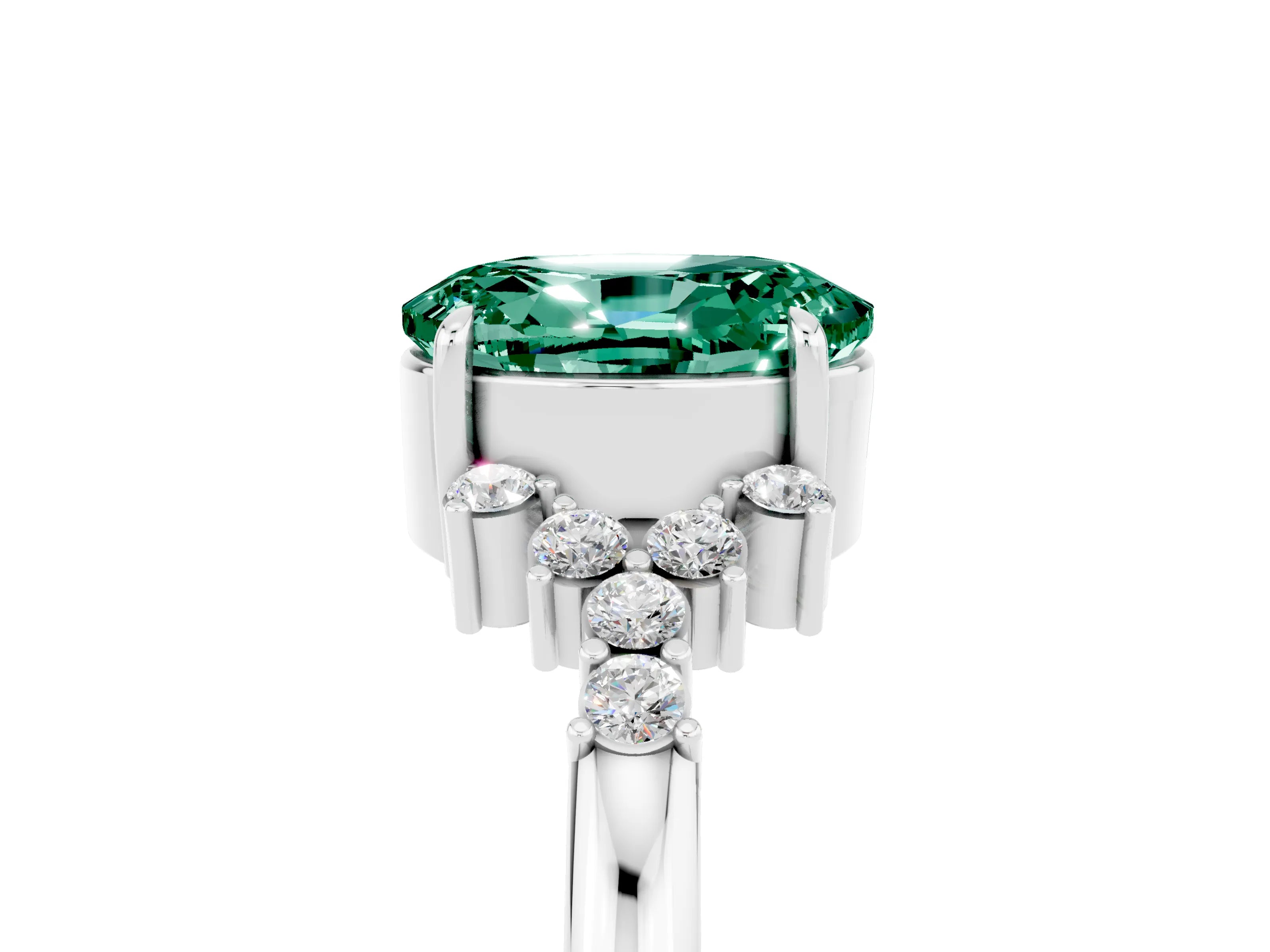 White gold Oval Cut Green Sapphire Ring with Side Stones and Four-Prong Setting_101