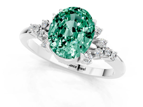 White gold Oval Cut Green Sapphire Ring with Side Stones and Four-Prong Setting