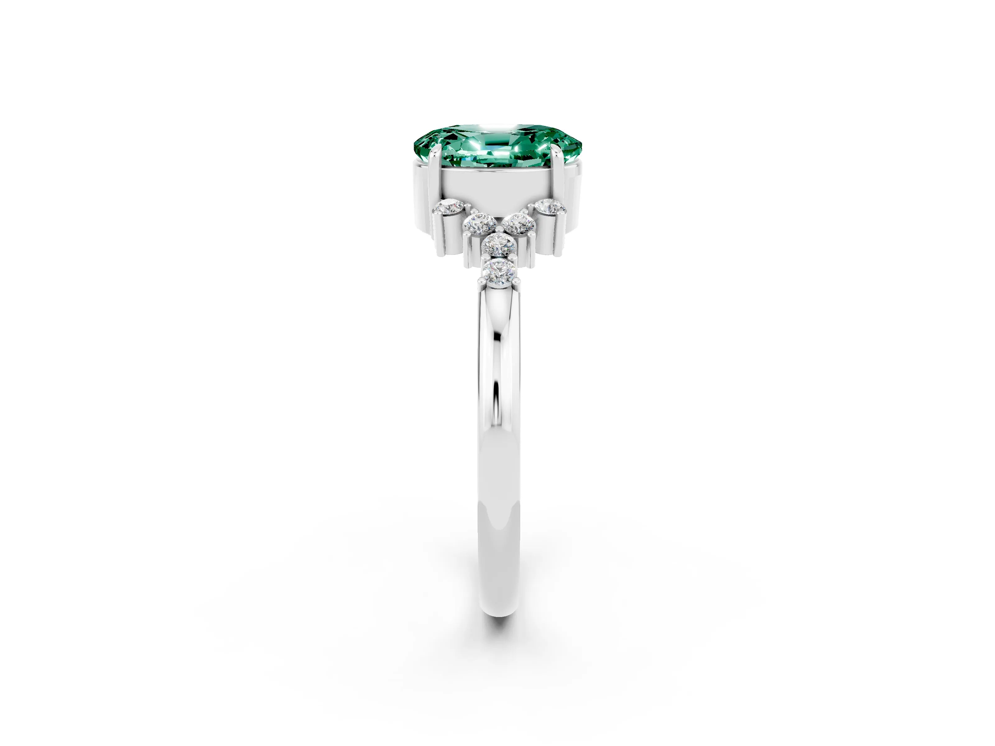 White gold Oval Cut Green Sapphire Ring with Side Stones and Four-Prong Setting_92