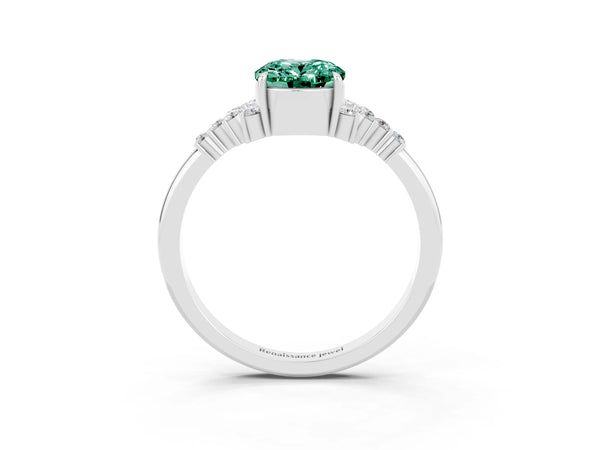 White gold Oval Cut Green Sapphire Ring with Side Stones and Four-Prong Setting
