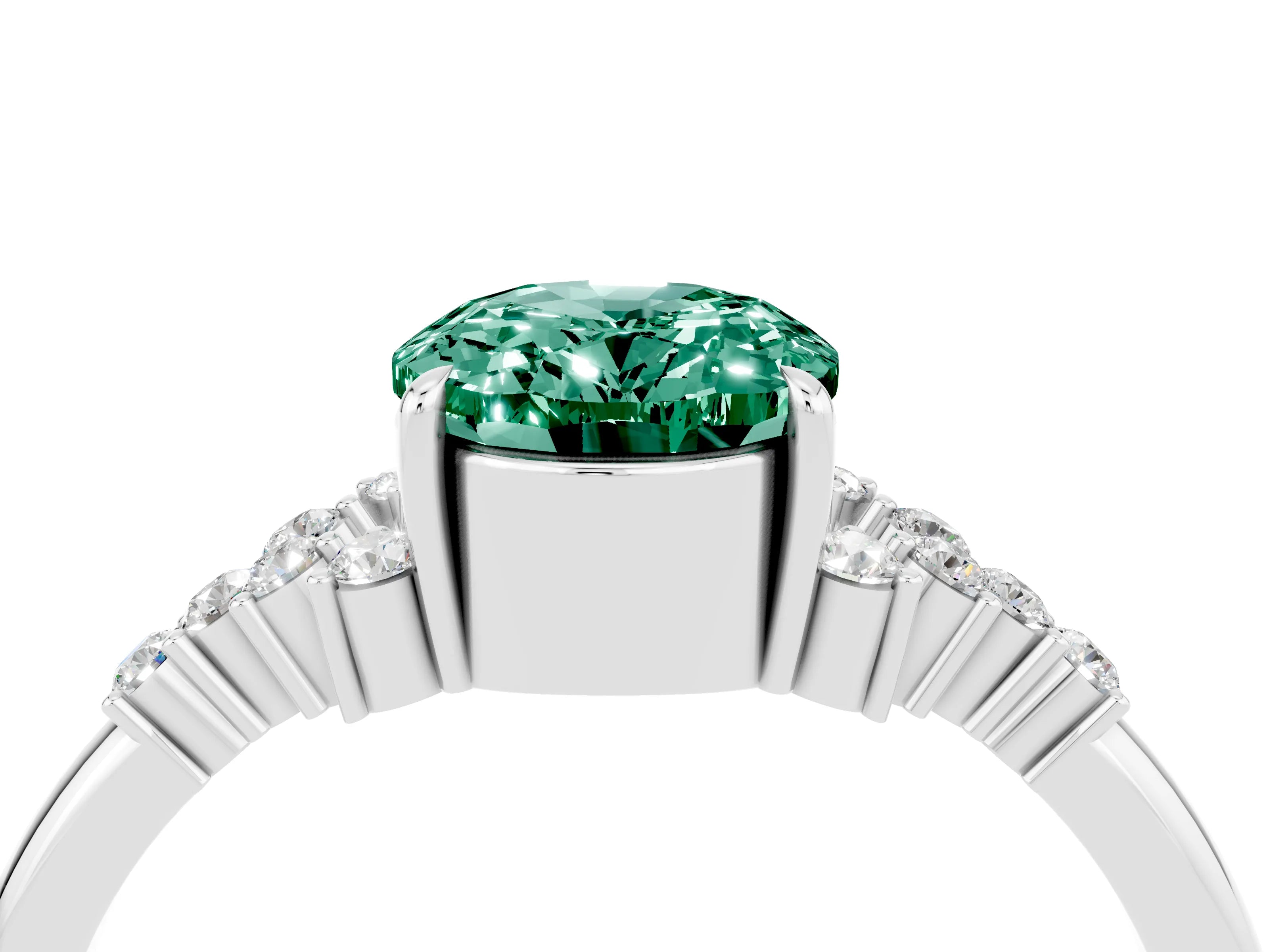 White gold Oval Cut Green Sapphire Ring with Side Stones and Four-Prong Setting_94