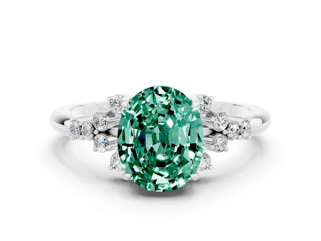 White gold Oval Cut Green Sapphire Ring with Side Stones and Four-Prong Setting_96