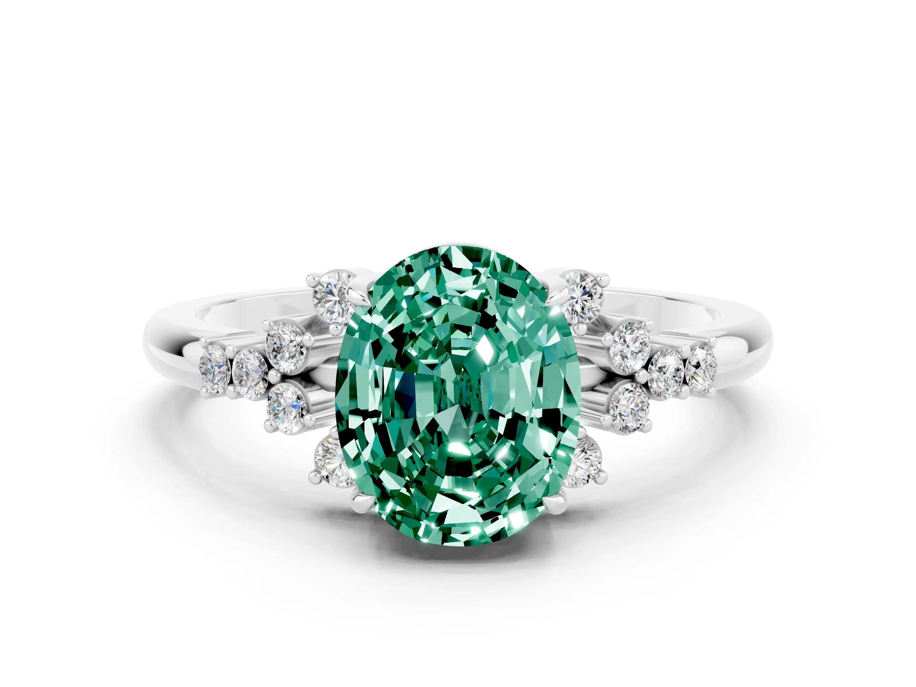 White gold Oval Cut Green Sapphire Ring with Side Stones and Four-Prong Setting_96