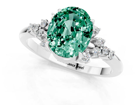 White gold Oval Cut Green Sapphire Ring with Side Stones and Four-Prong Setting_97