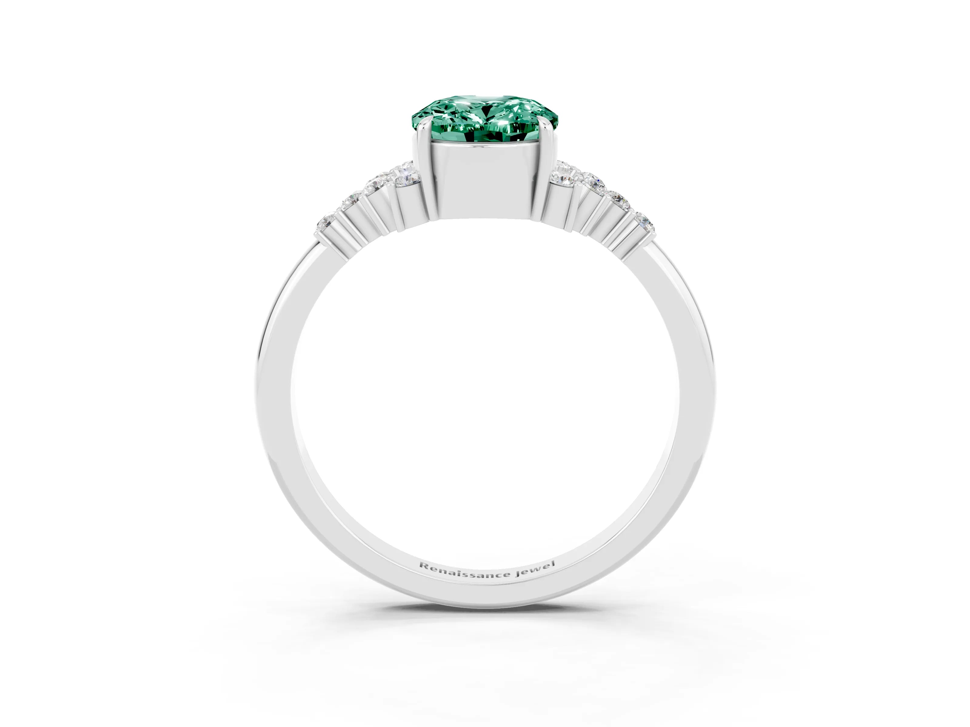 White gold Oval Cut Green Sapphire Ring with Side Stones and Four-Prong Setting_99