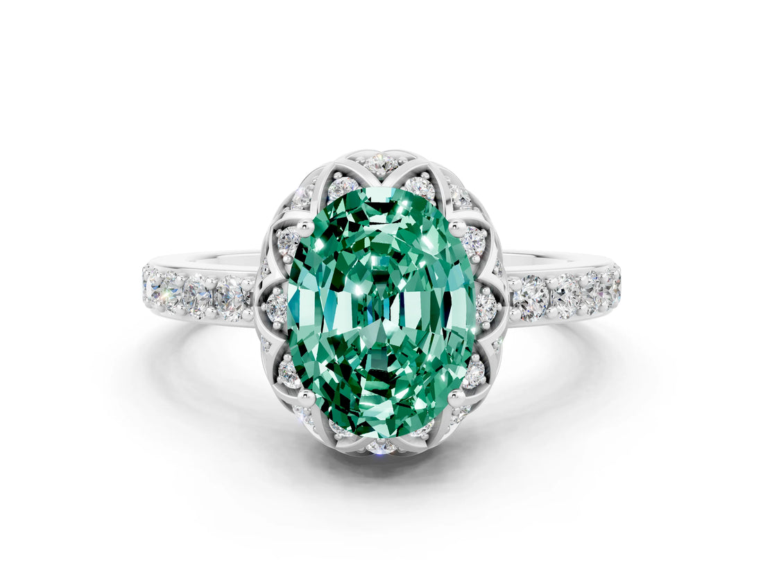White gold Oval Cut Green Sapphire Scalloped Halo Engagement Ring with Round Shared Prong Band_12