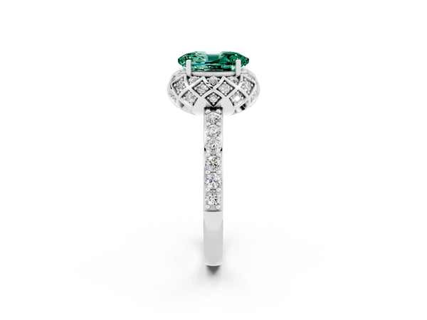 White gold Oval Cut Green Sapphire Scalloped Halo Engagement Ring with Round Shared Prong Band