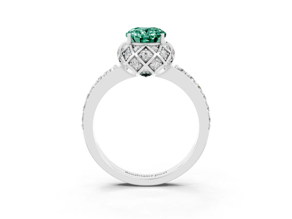 Platinum Oval Cut Green Sapphire Scalloped Halo Engagement Ring with Round Shared Prong Band