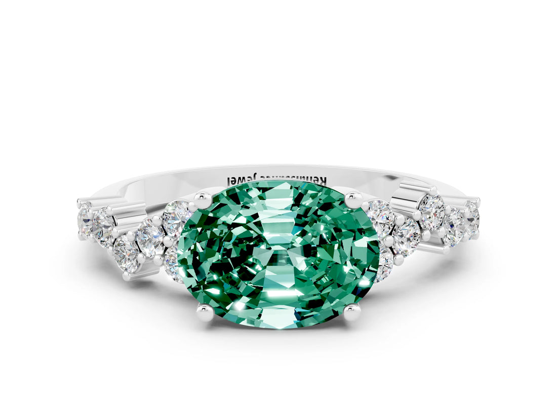 White gold Oval Cut Green Sapphire Scattered Round Accent Ring with Prong Setting_24