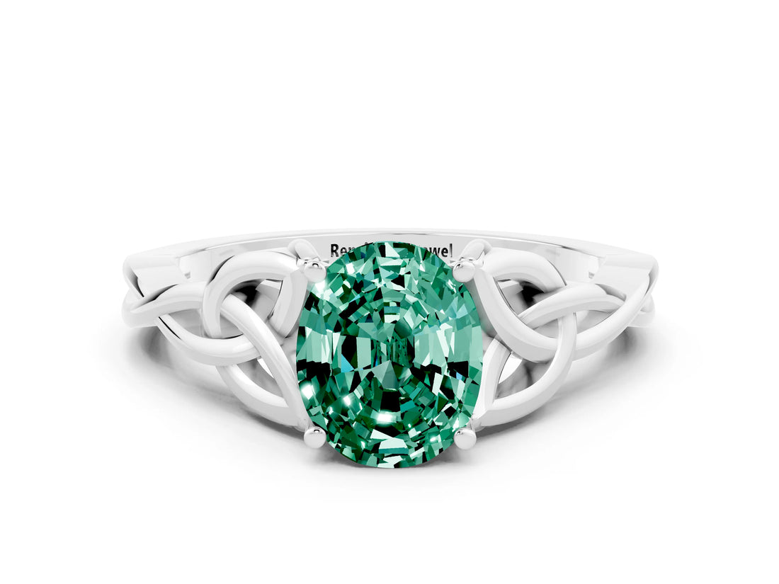 White gold Oval Cut Green Sapphire Solitaire Celtic Knot Ring with Four-Prong Setting_12