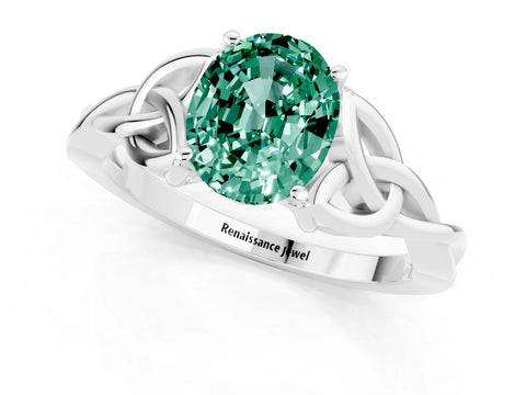 White gold Oval Cut Green Sapphire Solitaire Celtic Knot Ring with Four-Prong Setting_13
