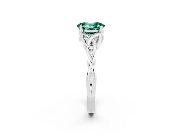 Platinum Oval Cut Green Sapphire Solitaire Celtic Knot Ring with Four-Prong Setting