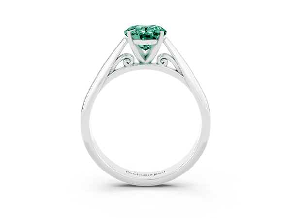 White gold Oval Cut Green Sapphire Solitaire Engagement Ring with Cathedral Setting and Four-Prong Mount