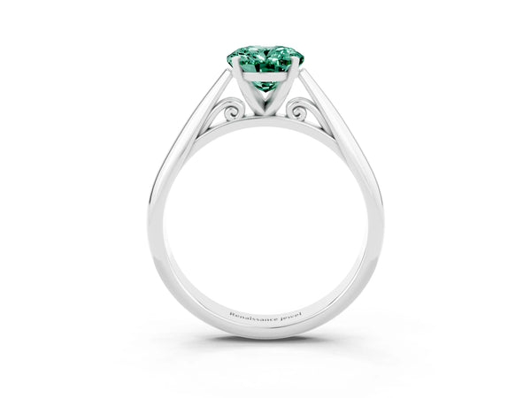 White gold Oval Cut Green Sapphire Solitaire Engagement Ring with Cathedral Setting and Four-Prong Mount