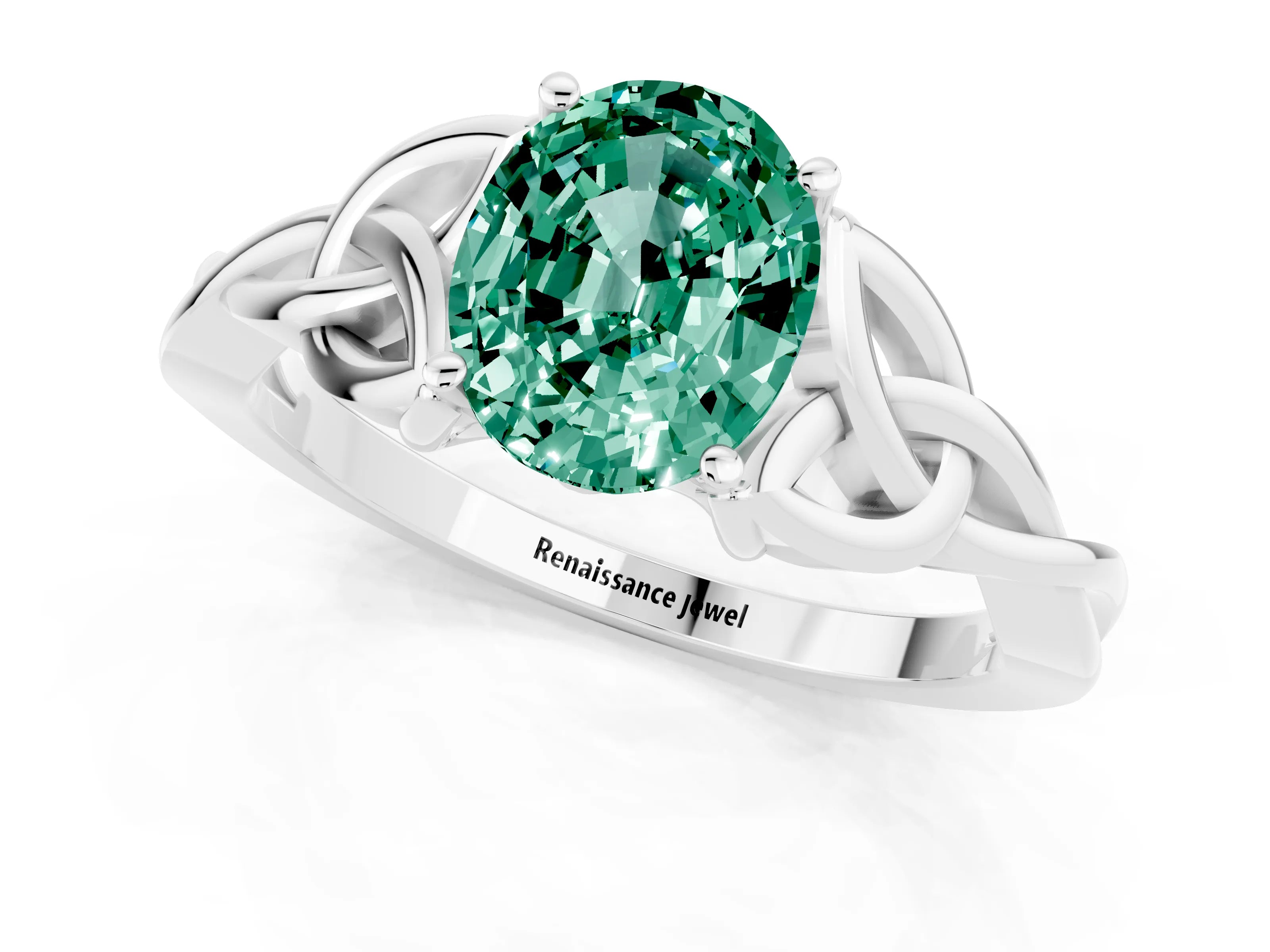 White gold Oval Cut Green Sapphire Solitaire Engagement Ring with Celtic Knot Band and Four-Prong Setting_1