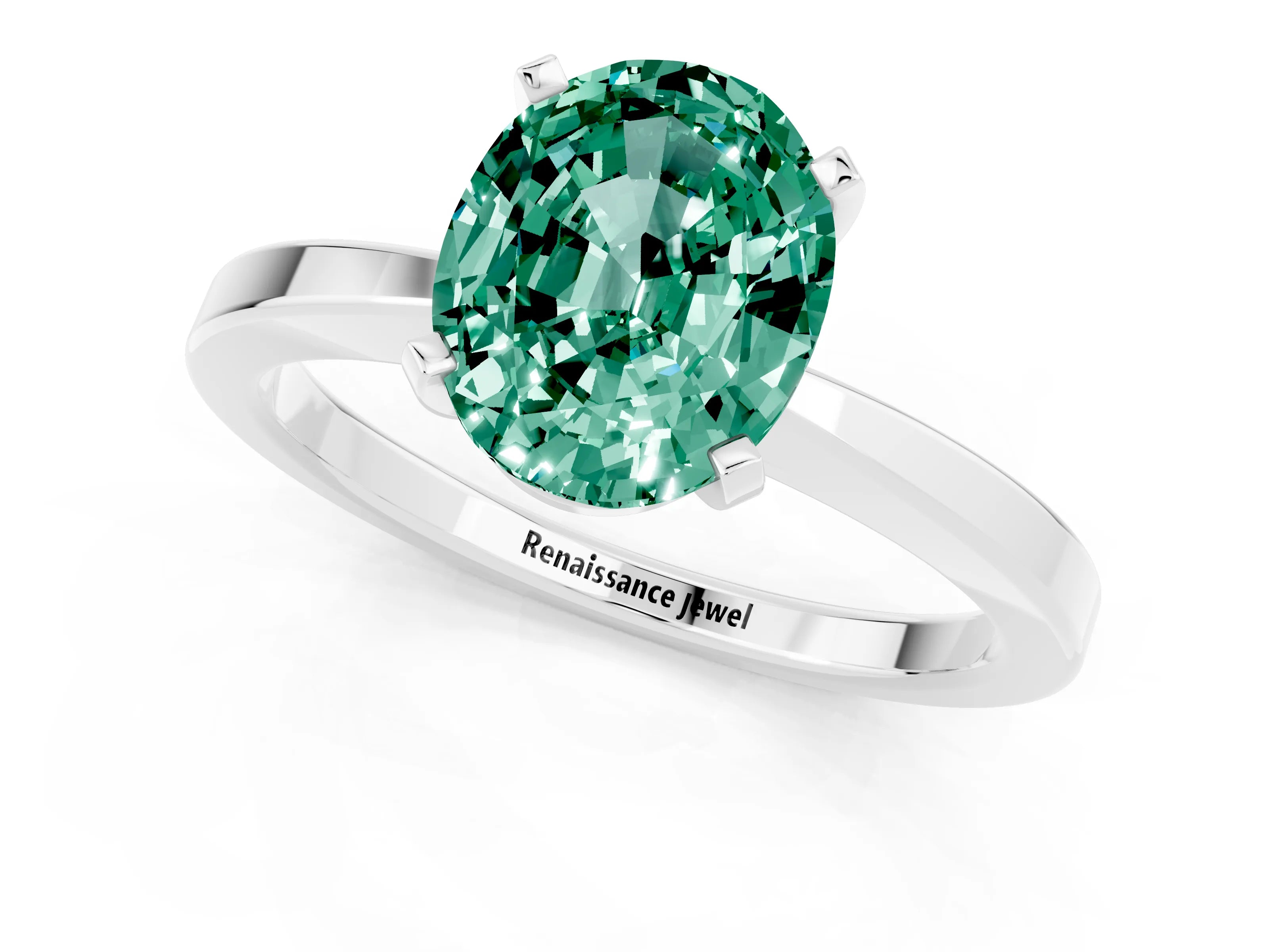 White gold Oval Cut Green Sapphire Solitaire Engagement Ring with Classic Band and Four-Prong Setting_25