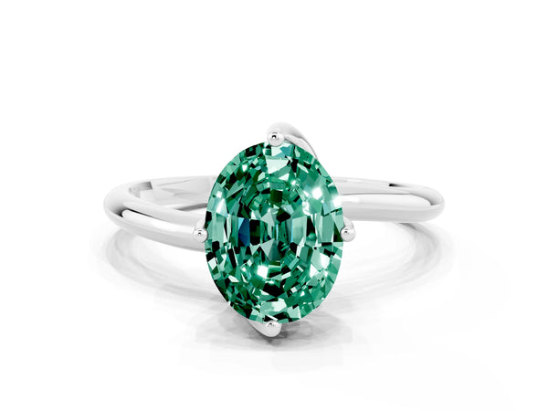 Silver Oval Cut Green Sapphire Solitaire Engagement Ring with Four-Prong Setting and Classic Band