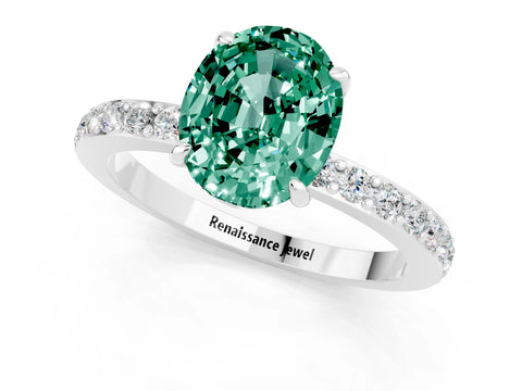 White gold Oval Cut Green Sapphire Solitaire Engagement Ring with Pavé Band and Four-Prong Setting_1