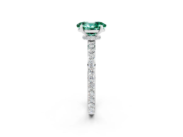 Silver Oval Cut Green Sapphire Solitaire Engagement Ring with Pavé Band and Four-Prong Setting
