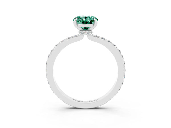 Platinum Oval Cut Green Sapphire Solitaire Engagement Ring with Pavé Band and Four-Prong Setting