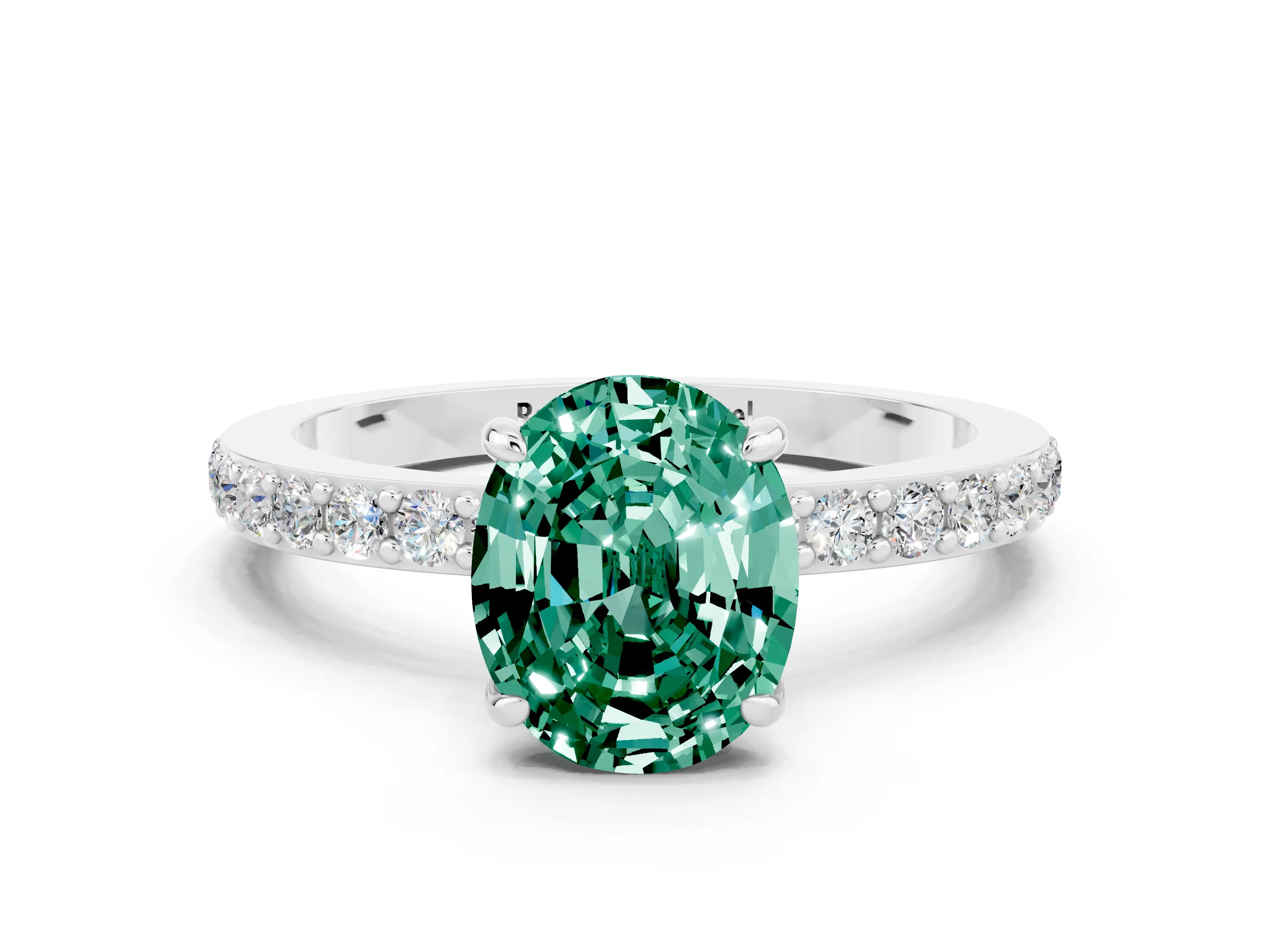 White gold Oval Cut Green Sapphire Solitaire Engagement Ring with Pavé Band and Four-Prong Setting