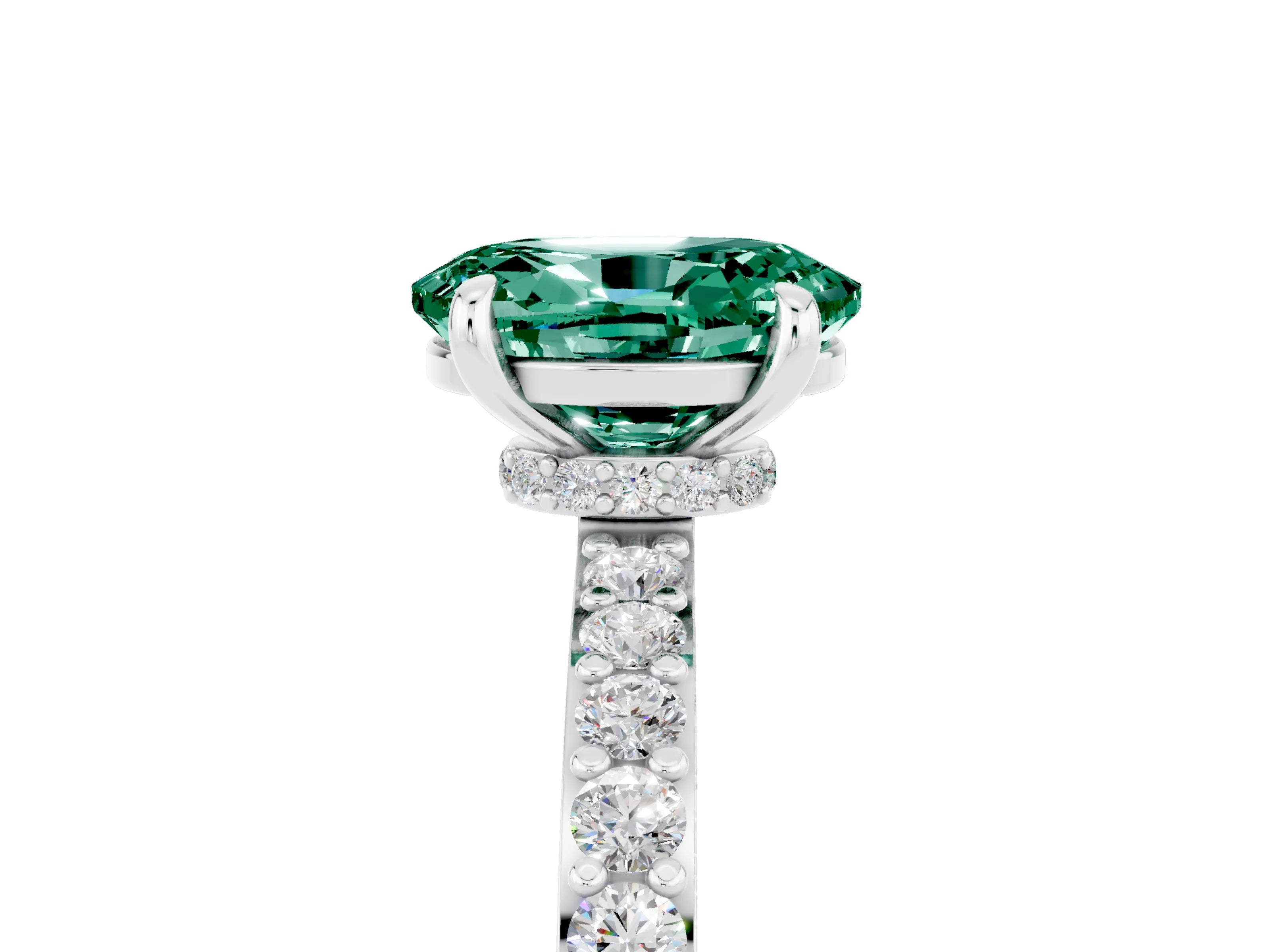 White gold Oval Cut Green Sapphire Solitaire Engagement Ring with Pavé Band and Four-Prong Setting_5
