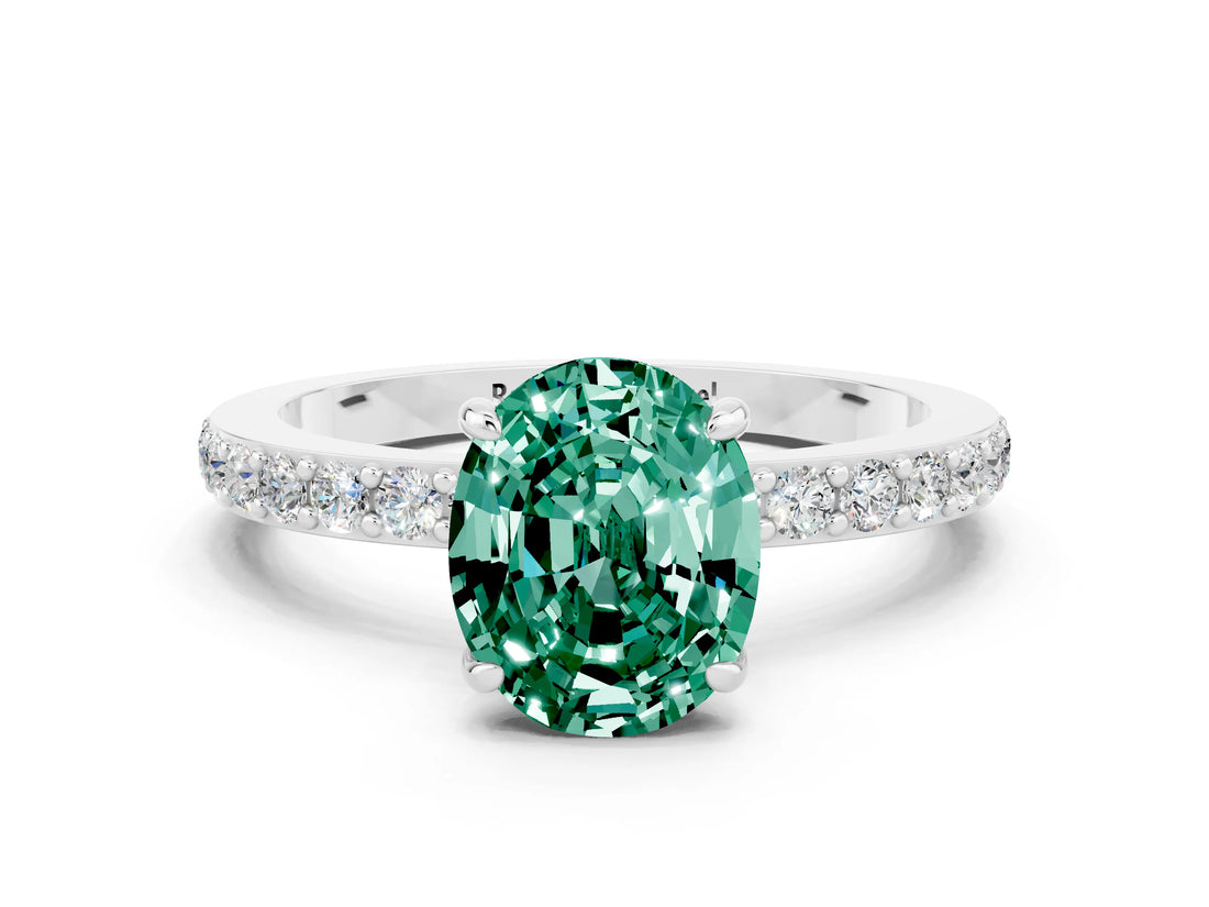 White gold Oval Cut Green Sapphire Solitaire Engagement Ring with Pavé Band and Four-Prong Setting