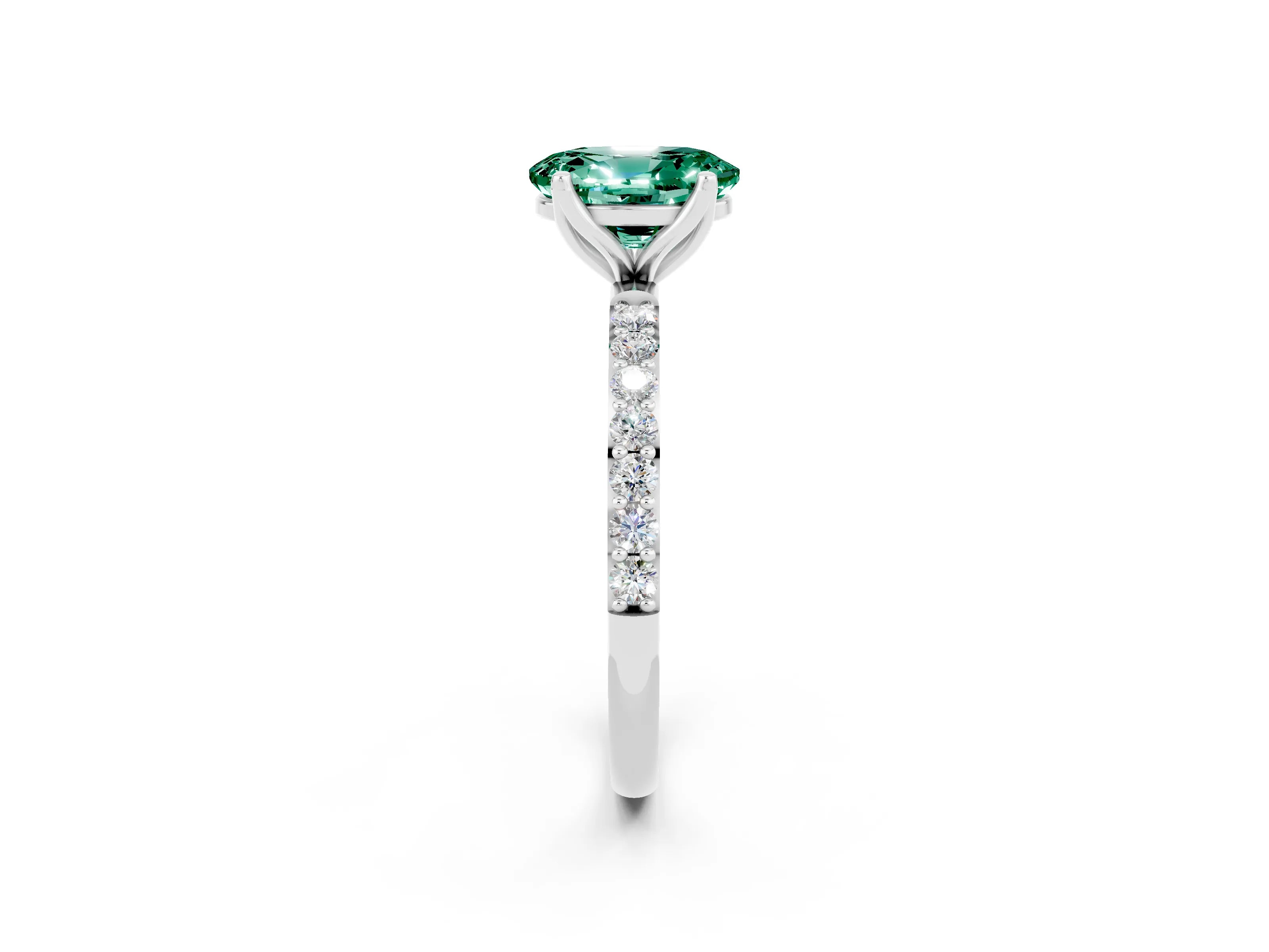 White gold Oval Cut Green Sapphire Solitaire Engagement Ring with Pavé Band and Prong Setting_2
