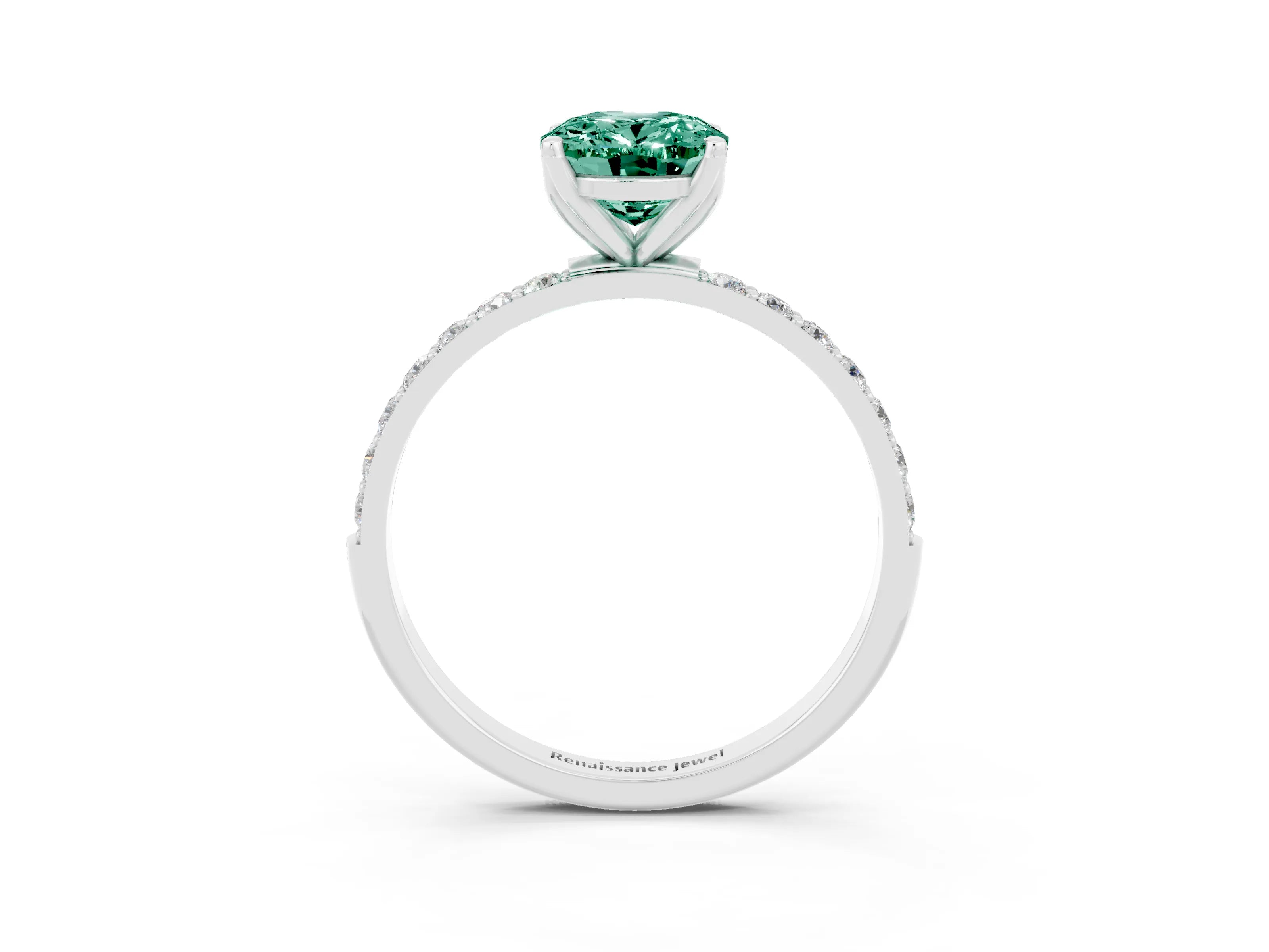 White gold Oval Cut Green Sapphire Solitaire Engagement Ring with Pavé Band and Prong Setting_3