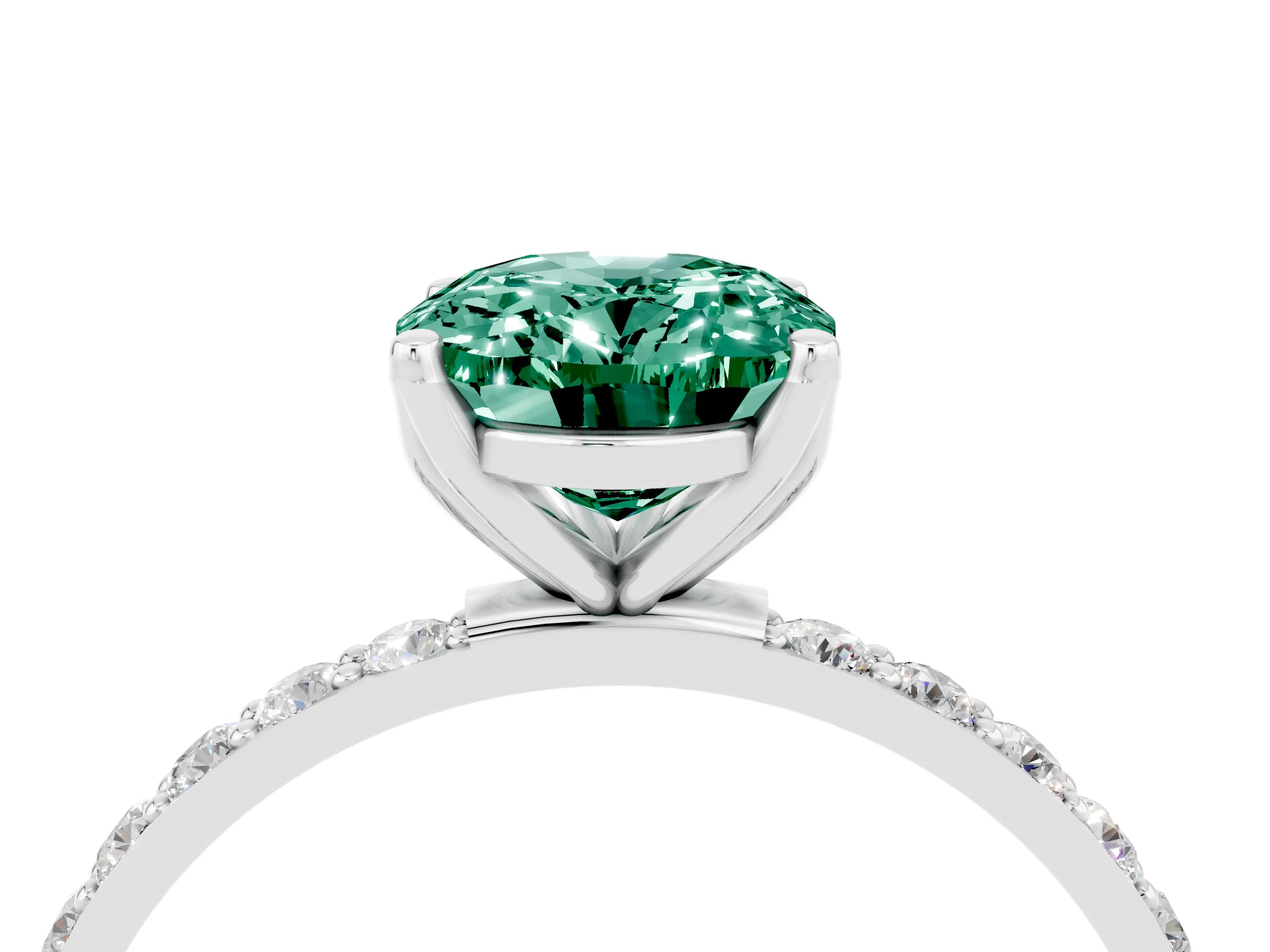 White gold Oval Cut Green Sapphire Solitaire Engagement Ring with Pavé Band and Prong Setting_4