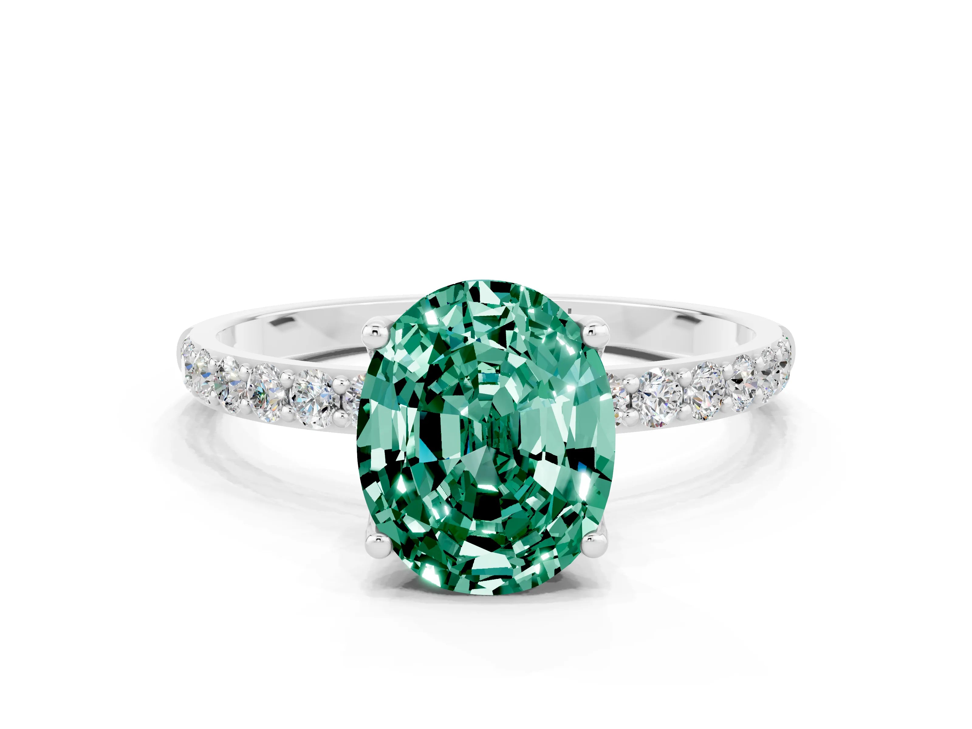 White gold Oval Cut Green Sapphire Solitaire Engagement Ring with Pavé Band and Prong Setting