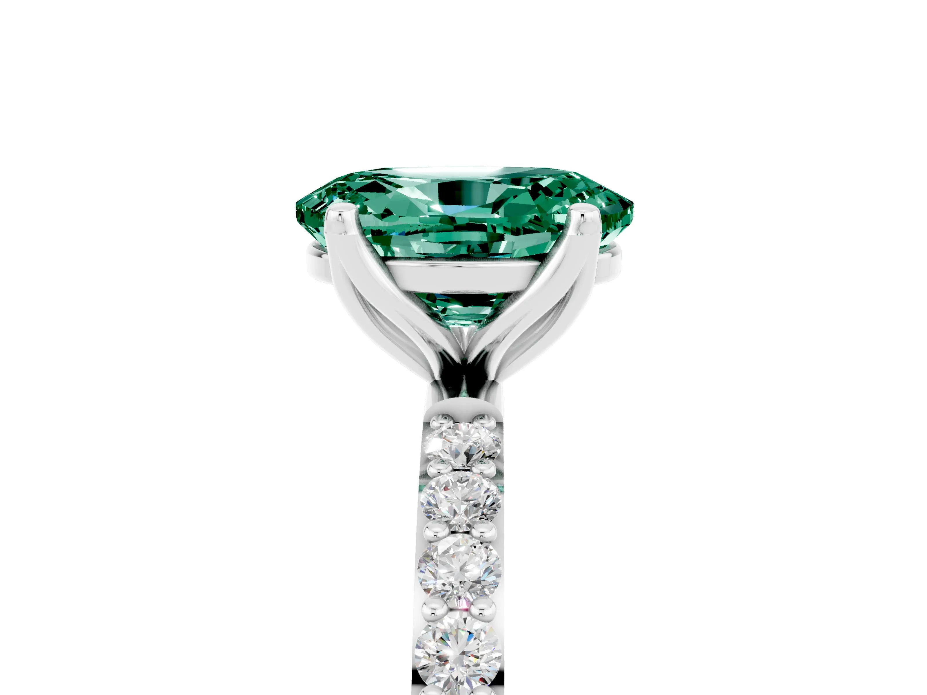 White gold Oval Cut Green Sapphire Solitaire Engagement Ring with Pavé Band and Prong Setting_5