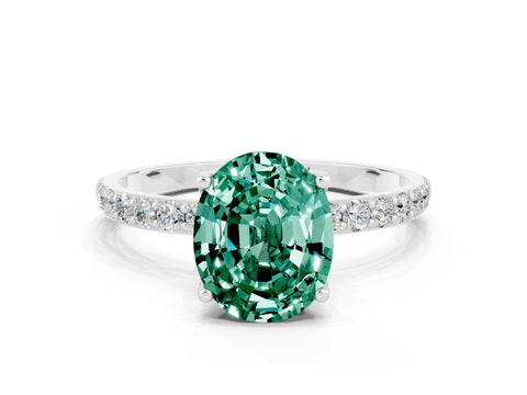 White gold Oval Cut Green Sapphire Solitaire Engagement Ring with Pavé Band and Prong Setting