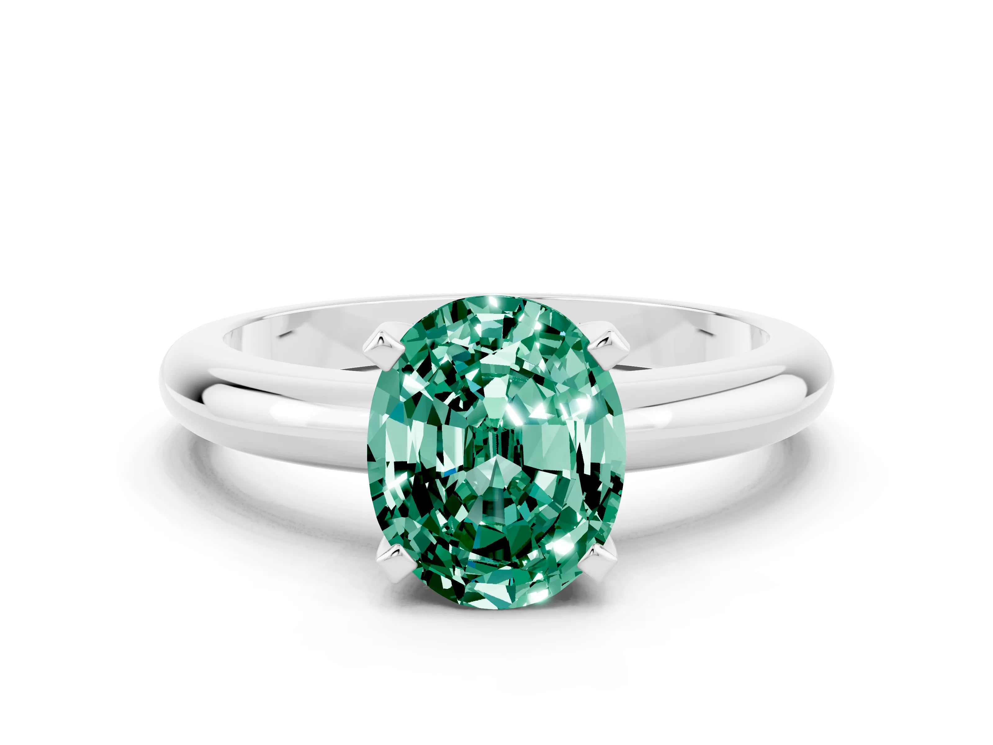 White gold Oval Cut Green Sapphire Solitaire Engagement Ring with Round Band and Four-Prong Setting