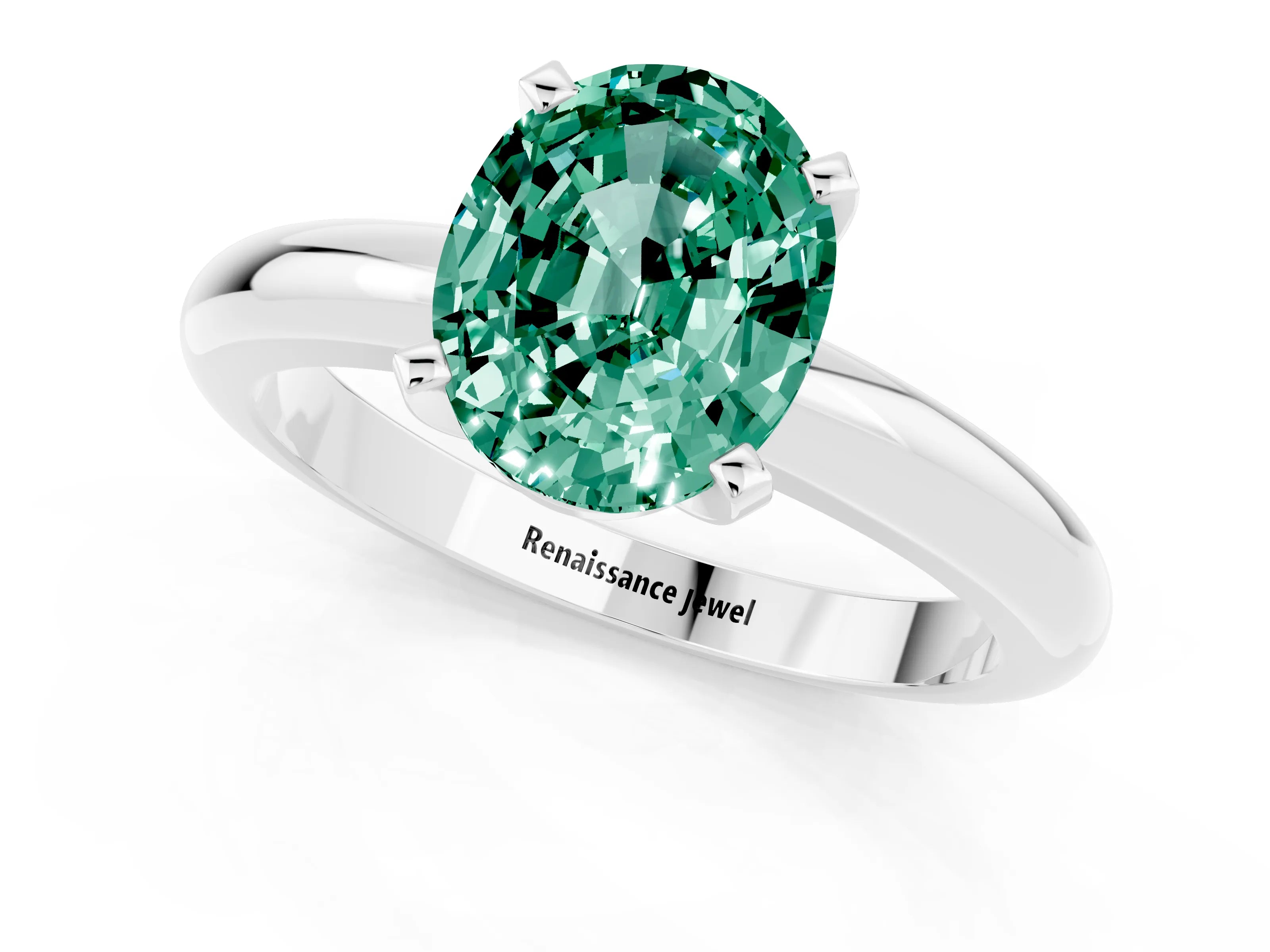 White gold Oval Cut Green Sapphire Solitaire Engagement Ring with Round Band and Four-Prong Setting_1