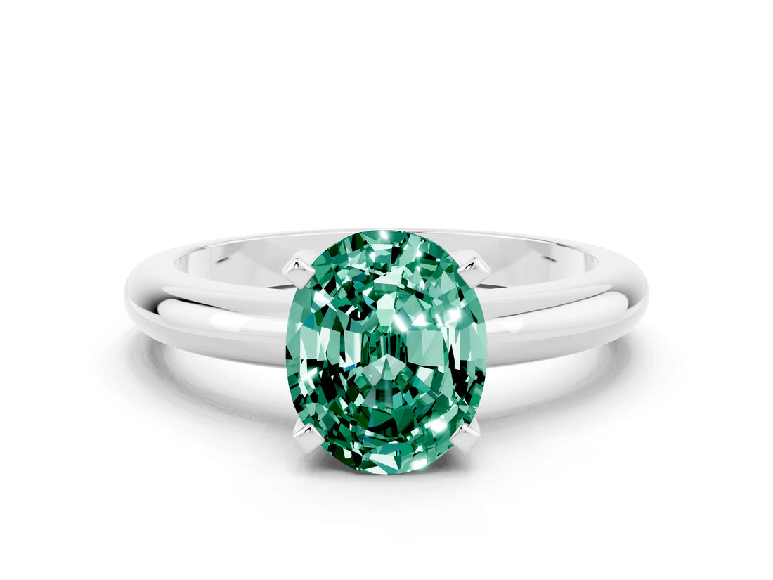 White gold Oval Cut Green Sapphire Solitaire Engagement Ring with Round Band and Four-Prong Setting
