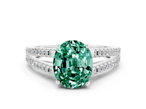 White gold Oval Cut Green Sapphire Solitaire Engagement Ring with Split Shank Pavé Band