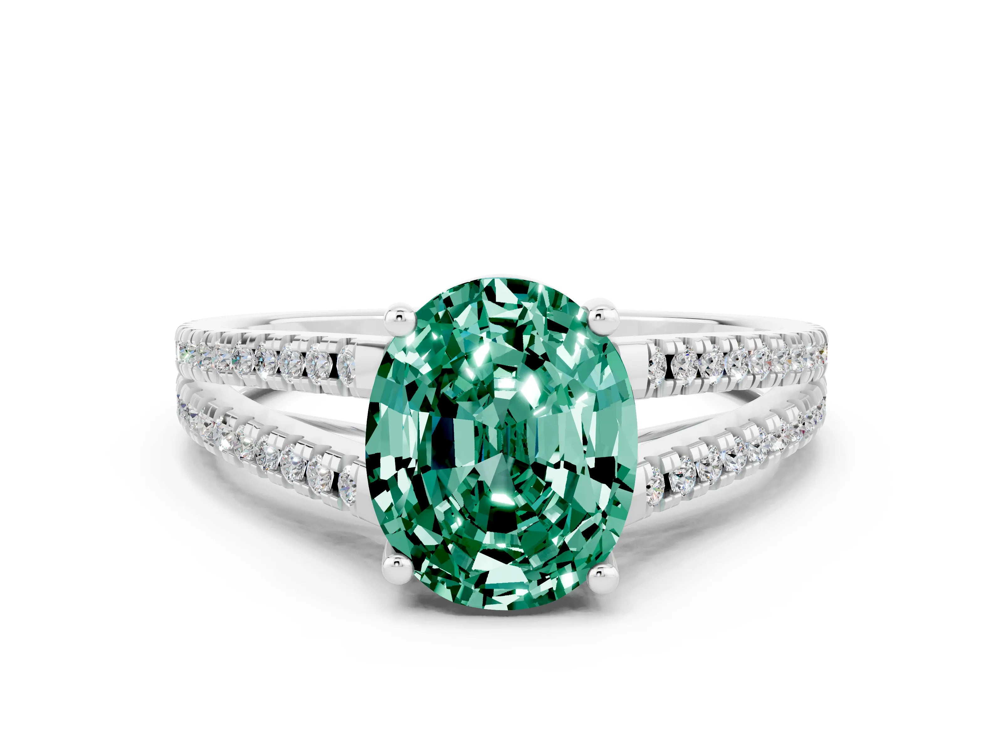 White gold Oval Cut Green Sapphire Solitaire Engagement Ring with Split Shank Pavé Band
