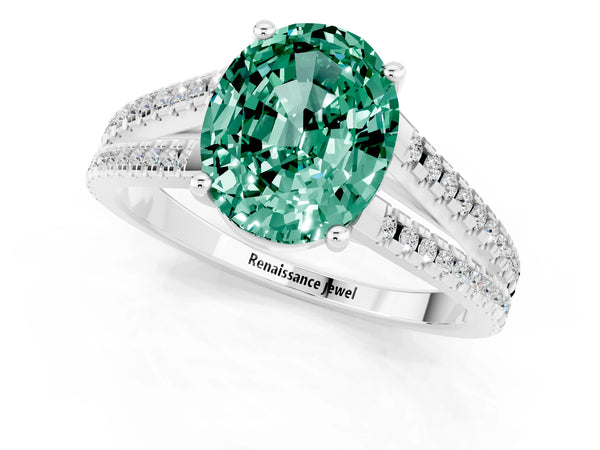 Silver Oval Cut Green Sapphire Solitaire Engagement Ring with Split Shank Pavé Band