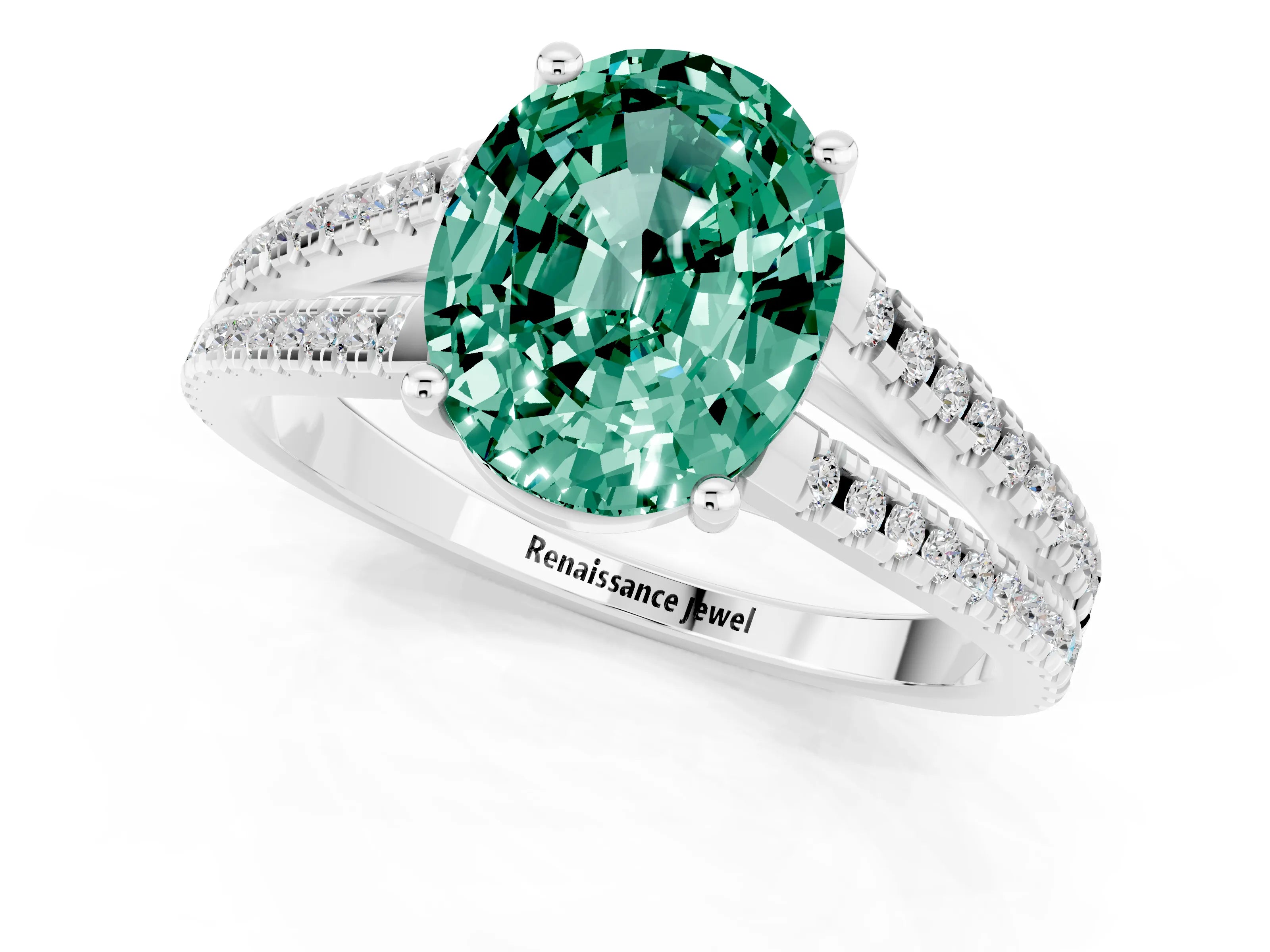 White gold Oval Cut Green Sapphire Solitaire Engagement Ring with Split Shank Pavé Band_1