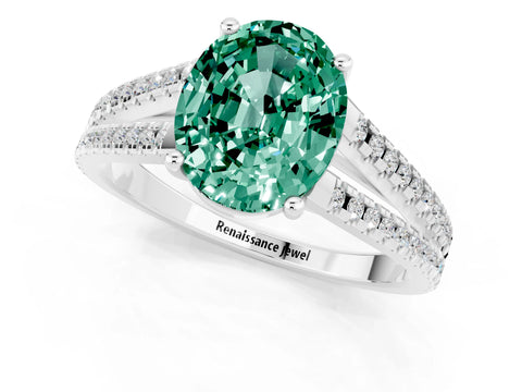 White gold Oval Cut Green Sapphire Solitaire Engagement Ring with Split Shank Pavé Band_1